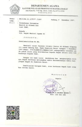 Surat dari Kepala Kantor Wilayah Departemen Agama Propinsi Sumatera Barat tentang Permohonan Pere...