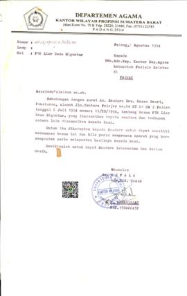 Surat  Kepala Kanwil Departemen Agama Provinsi Sumatera Barat Perihal  P3N Liar Desa Siguntur