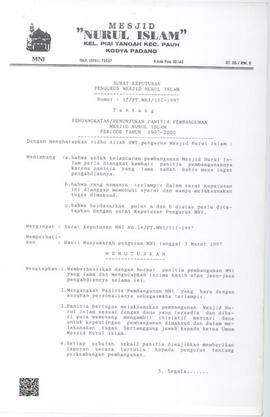 Surat Keputusan Pengurus Mesjid Nurul Islam Nomor : 15/ PT.MNI/III-1997 tentang Pengangkatan / Pe...