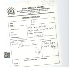 Lembar Disposisi Pemohonan Surat Rekomendasi Mesjid Nurul Islam Kelurahan Piai Tangah Kecamatan P...