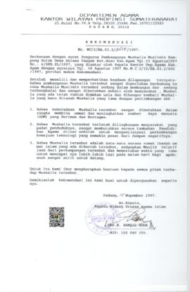Surat Rekomendasi Kepala Bidang Urusan Agama Islam Eks. Kanwil Departemen Agama Propinsi Sumatera...