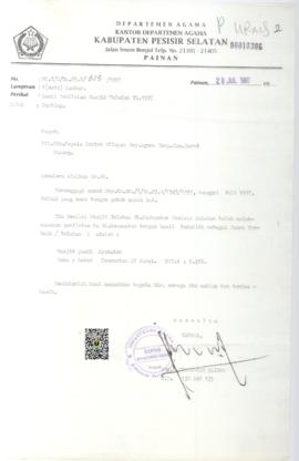 Surat Kepala Kantor Departemen Agama kabupaten Pesisir Selatan Perihal Penilaian Masjid Teladan T...