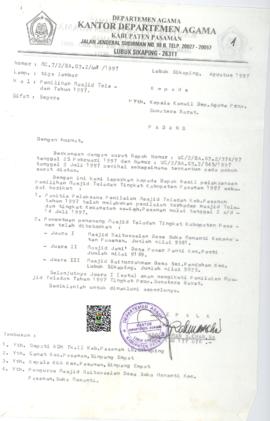 Surat Kepala Kantor Departemen Agama Kabupaten Pasaman Perihal Pemilihan Masjid Teladan Tahun 1997