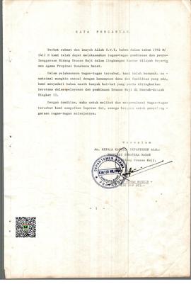 Kata Pengantar Laporan Penyelenggaraan Bimbingan Urusan Haji Propinsi Sumatera Barat Tahun 1992 M...