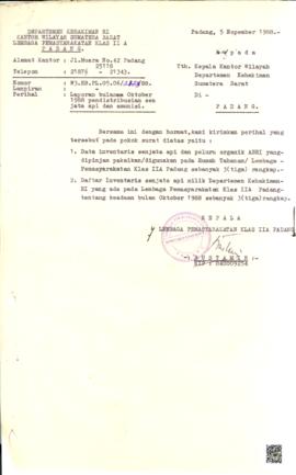 Surat Pengantar Laporan Bulanan Pendistribusian Senjata Api dan Amunisi Bulan Oktober 1988