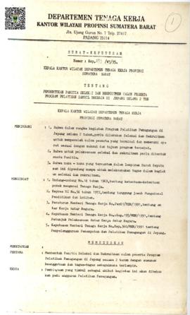 Surat Keputusan Kepala Kantor Wilayah Departemen Tenaga Kerja Propinsi Sumatera Barat  Nomor . Ke...
