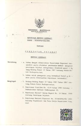 Keputusan Menteri  Koperasi No :28/M/KPTS/VIII/1983 tentang Penetapan Pejabat