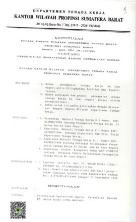 Keputusan Kepala Kantor Wilayah Departemen Tenaga Kerja Provinsi Sumatera Barat tentang Pesetujua...