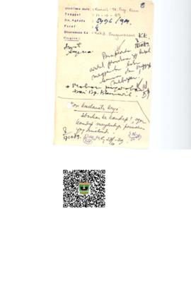 Lembar Disposisi surat dari Kanwil Tk. Prov. Riau tanggal 10 Oktober 1989 ke Kabid Penagwasan KK,...