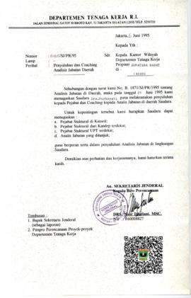 Surat Pengantar perihal Penyuluhan / Coaching Analisa 6 Juni 1995 Jabatan Daerah ( Biro Perencana...