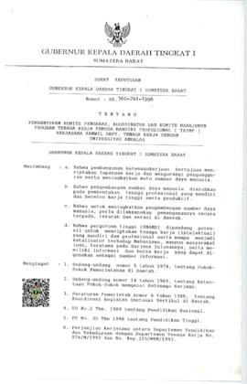 SK  Gubernur Sumatera Barat  No. SK.560-741-1996 tentang Pembentukan Komite Pengarah, Koordinator...