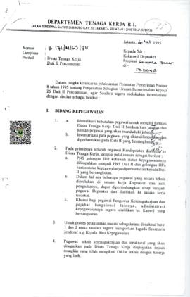 Berkas Surat Dinas Tenaga Kerja Dati II Percontohan Pelaksanaan Peraturan Pemerintah Nomor 8 Tahu...